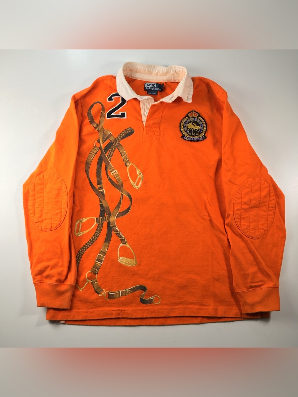 Polo by Ralph Lauren Orange Rugby Polo with Cream Collar & Equestrian Print